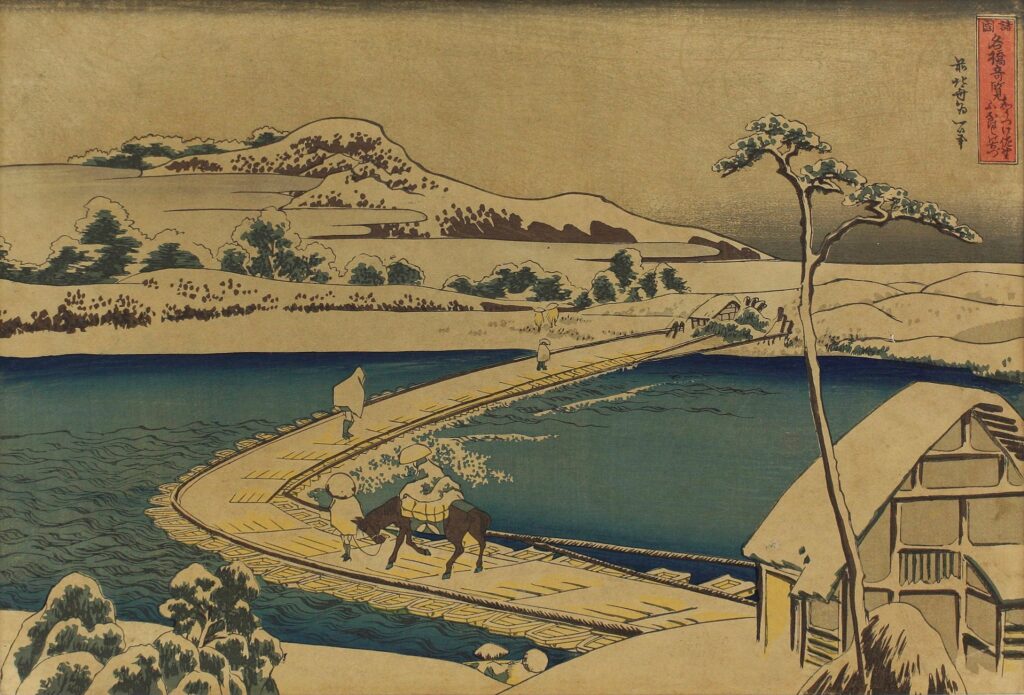 Pont de bateau à Sano en Kosuke, xylographie d'Hokusai
