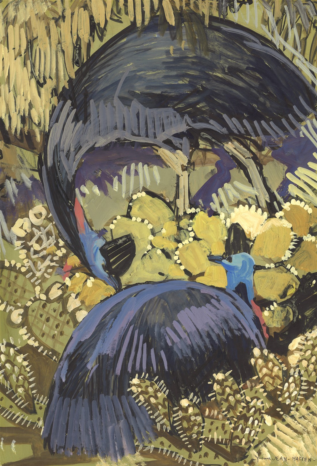 Yvonne Jean-Haffen, Casoars dans les cactées, projet de décor pour le paquebot Éridan, vers 1928, gouache sur papier, coll. Musée Yvonne Jean-Haffen – Ville de Dinan